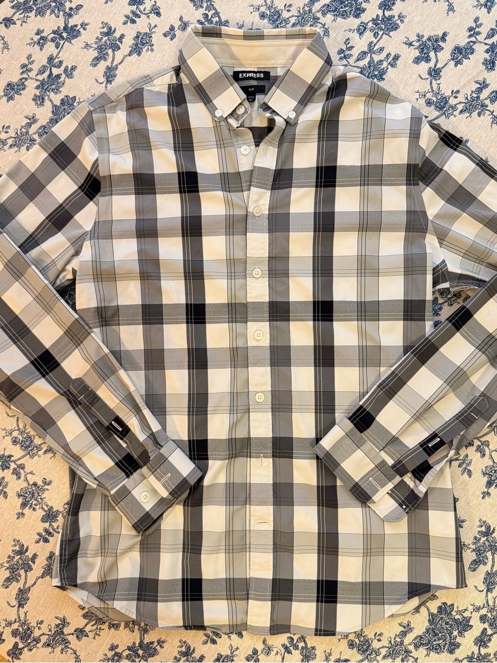 Express Men's Plaid Button-Down Shirt - White & Black & Gray